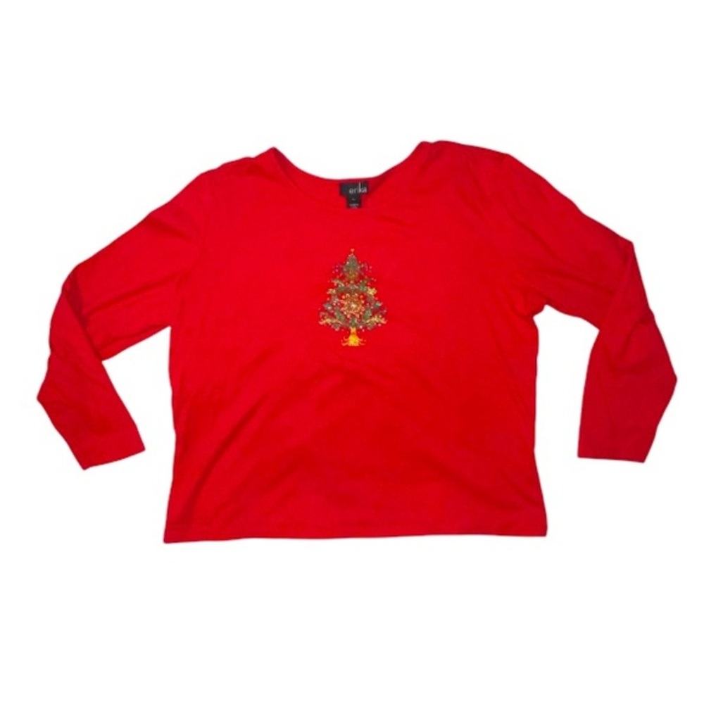 Erika Beaded Christmas Tree Long Sleeve Shirt Red Size XL Festive Holiday